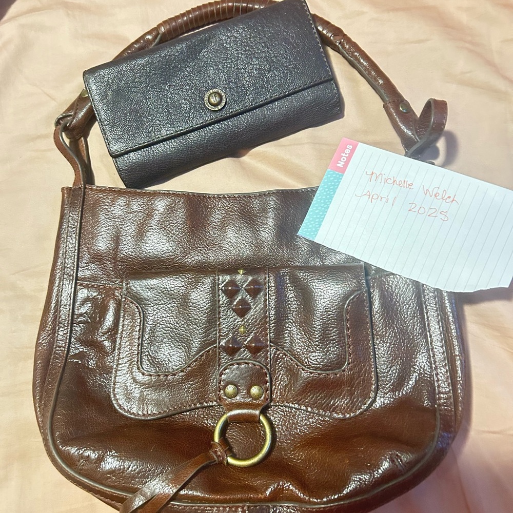 Brown Leather Shoulder Bag by Frye with Frye wallet..